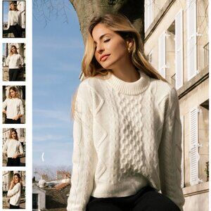 Elegant and Soft Cream Cable Knit Wool & Cashmere & Nylon Boat Neck Sweater Sz M
